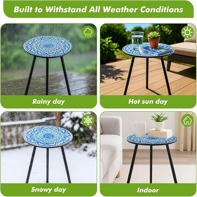 1 Pack Metal Mosaic Round Side Tables 13.4" Small Outdoor Patio Round Accent Coffee Tables Indoor Corner Stand for Small Spaces Weather-Resistant for Balcony, Porch Plant Stands Indoor, Light Blue