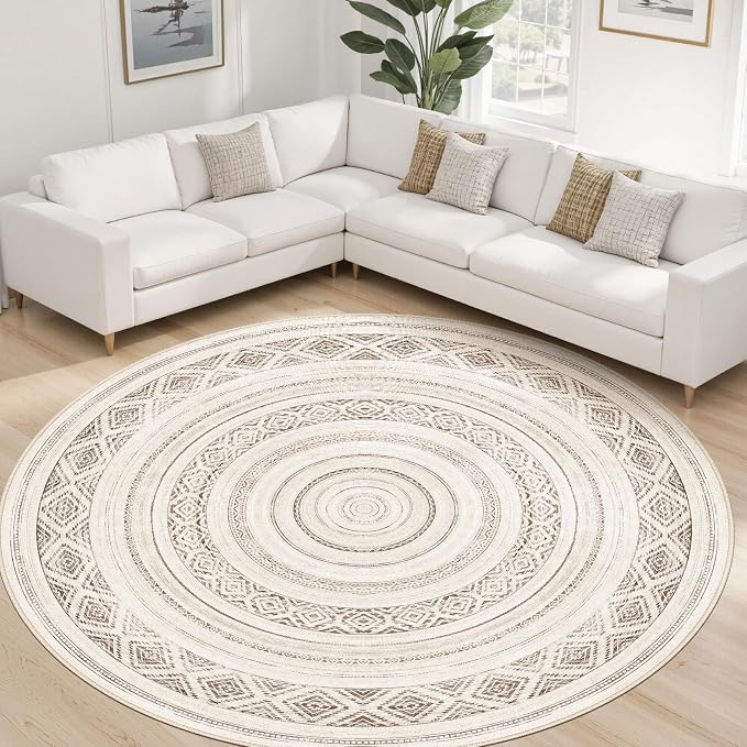 cotiled 8x8 Round Rug 8ft Circle Living Room Boho Area Rugs | Solve Modern Neutral Trendy Home Decor - Washable Foldable Indoor Carpet for Bedroom Home Office Dark Brown