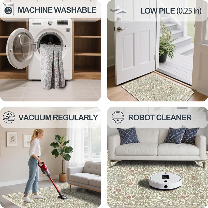 Washable 2'6" x 10' Runners for Hallways, Non Slip Long Floor Runner for Kitchen, Entryway Indoor, Stain Resistant Rubber Backing Floral Decor Rug (Light Green)