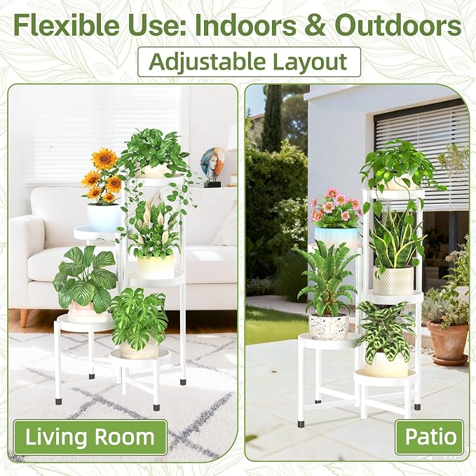 iDavosic.ly Plant Stand Indoor Outdoor, 5 Tier Corner Metal Flower Display Holder Shelf, Folding Tall Orchid Rack for Patio Balcony Porch Garden Living Room House, White