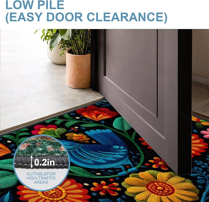Blue Bird Folk Art Floral 2x3 Entry Rug,Washable Small Rugs for Entryway Kitchen Bathroom Door Mat Indoor Entrance,Non Slip Rubber Backing, Stain & Fade Resistant,Vibrant Mexican Embroidery Decor