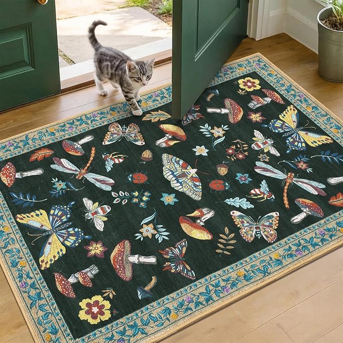 ROYHOME Mushroom Insect Washable 2x3 Rug for Entryway Door Mat Black | Kitchen Bathroom Bedroom Small Bug Moth Cute Funky Cottage Core Whimsical Boy Rugs Low-Pile Non-Slip TPE Backing