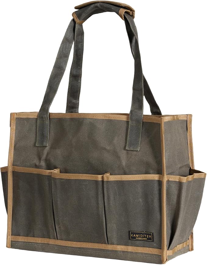 Heavy Duty 16OZ Waxed Canvas Tool Bag,15-Pockets Portable Tote Bag,Muti-Purpose Garden Tool Storage Bag with Padded Handle | ArmyGreen