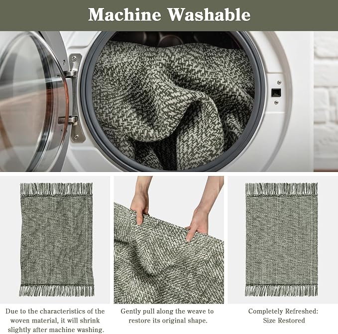 Sage Green Bathroom Runner Rug, Machine Washable Kitchen Rugs | 2'x5' Boho Hand-Woven Entryway Rugs Runners for Hallway, Modern Farmhouse Laundry Carpet Indoor Front Door Mat for Bedroom
