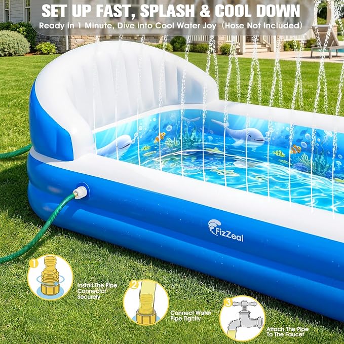 FizZeal Inflatable Kiddie Pool with Sprinkler & Backrest | Rectangular design,specially for toddlers,ideal outdoor backyard inflatable swimming pool for kids summer water entertainment