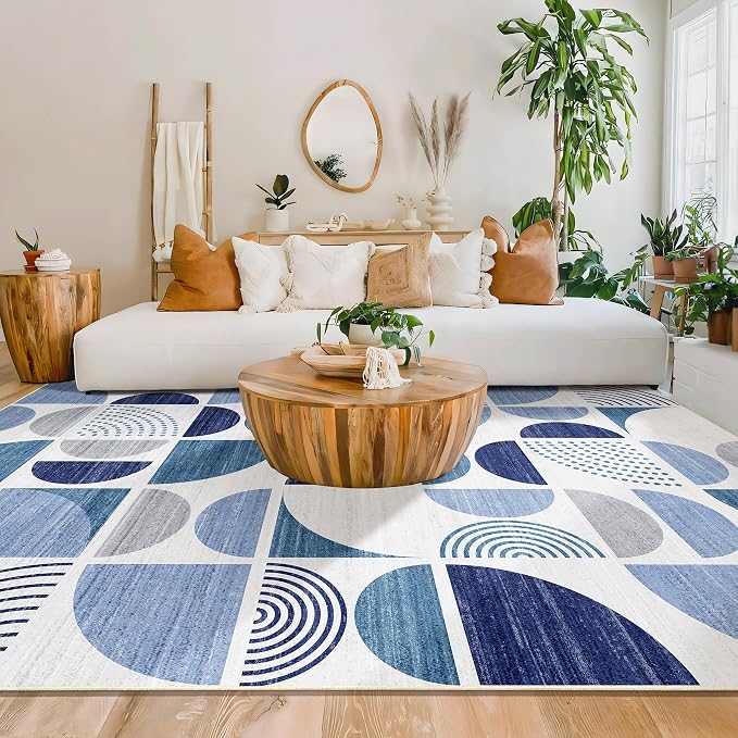 Washable Rugs 9x12,Blue Large Area Rugs Non Slip Modern Abstract | Throw Carpet for Living Room Bedroom Dining Room Boho Soft Low Pile Floor Indoor Bohemian Navy Blue