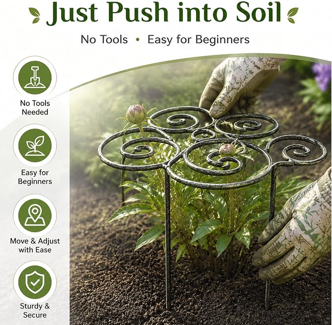 Scroll Metal Plant Support Rings – Heavy Duty Iron Garden Flower Stakes for Peony, Rose, Clematis & Vegetables, Decorative Spiral Plant Cage with Anti-Rust Coating (Small)