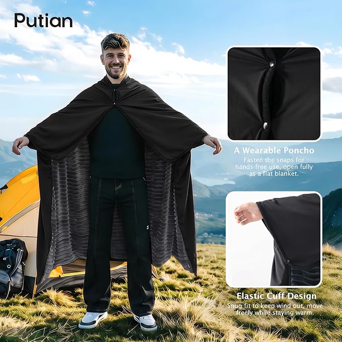 PuTian Waterproof Outdoor Blanket 79"X57" Packable, Stadium & Car Camping Blanket with Corduroy Fleece Lining, Windproof Throw for Picnic Hiking Road Trip, Machine Washable, Black 350GSM