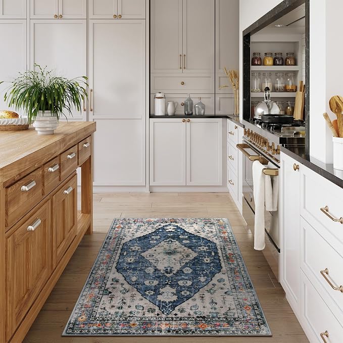 Lahome Felice Boho Tribal Area Rug - 3x5 Blue Living Room Rug Soft Non Slip Washable Office Mat, Low Pile Oriental Entry Way Carpet for Kitchen Sink Bedside Coffee Table Studio Apartment, Blue