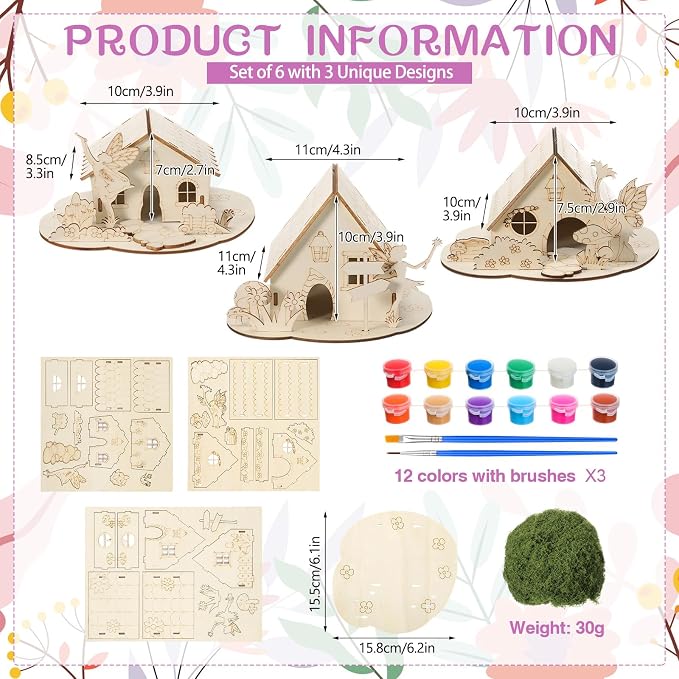 DoubleFill 6 Sets Wooden Fairy House DIY Kit Craft - DIY Fairy Garden with Paints & Decorations - Arts Crafts & Birthday Gift for Craft Activity Party Decor (Lovely Short)