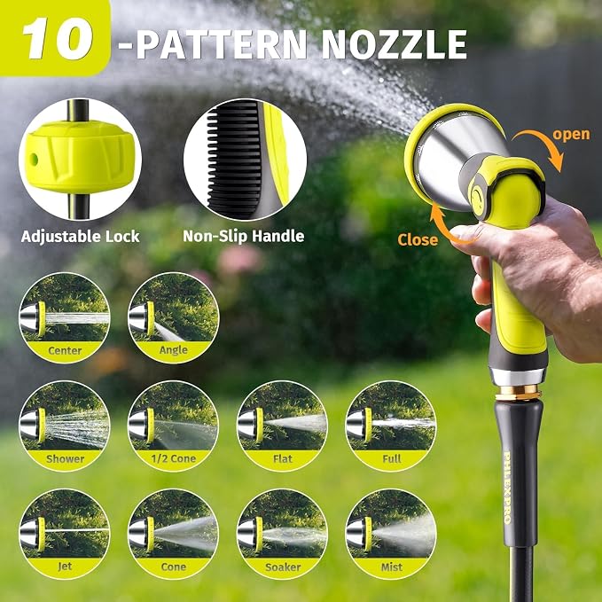 115FT x 5/8" Retractable Garden Hose Reel - PHLEXPRO Heavy Duty Hose Reel Wall Mount 3/4" Brass Fitting 10 Pattern Nozzle, Any Length Lock Automatic Slow Retraction 180° Swivel, UV Resistant