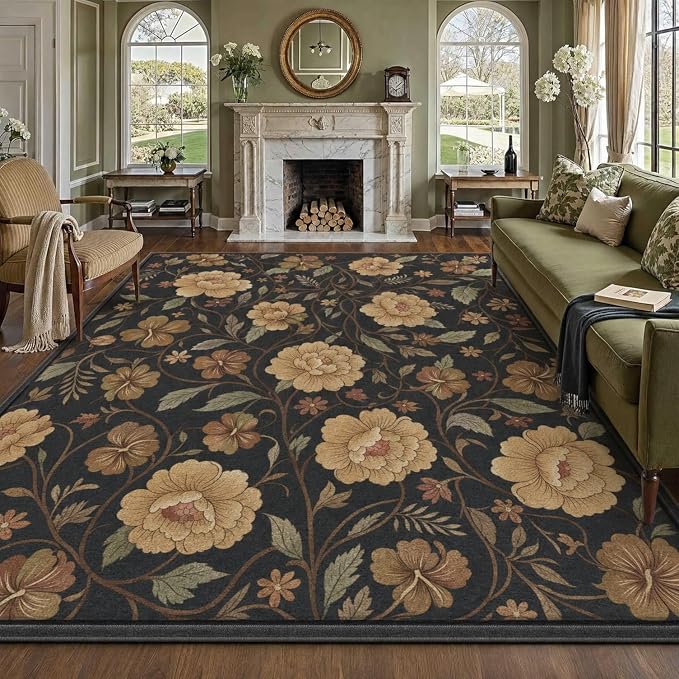 9CH Black Floral Rug - Elegant Vintage Botanical Area Rug with Sage Green Leaves, Non-Slip Dark Flower Pattern Carpet for Dining Room, Entryway (5'x7')