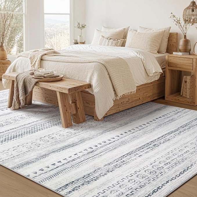 kakania Washable 8x10 Area Rug for Living Room: Boho Geometry Home Decor | Soft Stain Resistant, Low-Pile, Non-Slip, Pet & Kid Friendly, Thin Rug for Bedroom/Dining Room/Kids Dorm - Grey