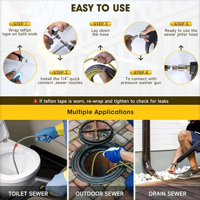 Sewer Jetter Kit for Pressure Washer, 5800PSI Drain Cleaner Hose 1/4 Inch NPT Corner,Showerhead,Rotating rotates,Mushroom Nose,Corner sewer nozzle(100FT)