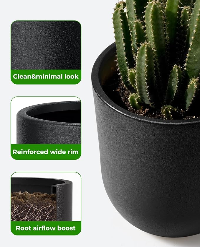 homenote Flower Pots 13/11.5/10 Inch,Large Plant Pots Indoor with Drainage,Plastic Pots for Plants,Garden Pots for Outdoor,Large Planters for Indoor Plants,Big Plastic Planter,Black(3 Pcs)