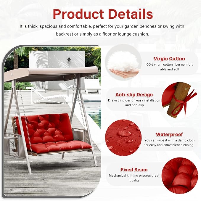 Porch Swing Cushion with Backrest,Waterproof Bench Cushion for Outdoor Furniture,2-3 Seater Replacement Thickened 5 in swing cushion,with Ties,Patio,Outdoor,Backyard and Garden (Red,40x40 in)