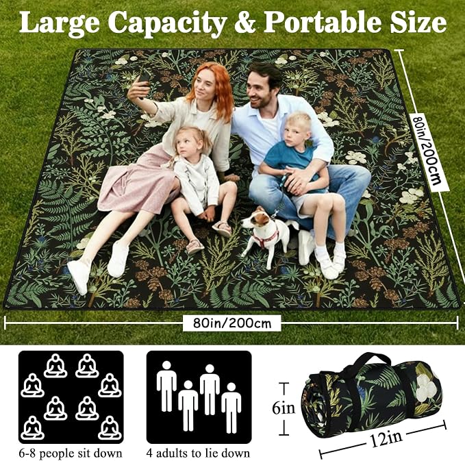 Picnic Blankets Waterproof Foldable Extra Large,80"x 80" Outdoor Beach Blanket Sandproof,3-Layer Lightweight Handy Mat Tote Picnic Camping Rugs for Outside Your Rv (Botanical Fern Leaves Floral Sage)