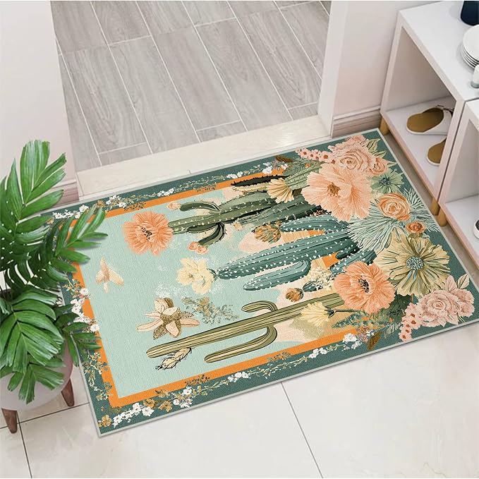 2x3 Cactus Flower Area Rugs Boho Tropical Floral Botanical Green Rug for Bathroom Kitchen Entryway Indoor Soft Non-Slip Thin Carpet Modern Rugs for Dining Room Under Table Washable Machine