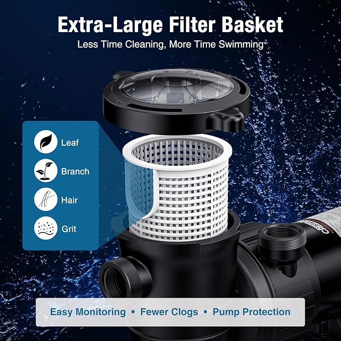CrestWave 1 HP Above Ground Pool Pump 5300GPH High Flow 115V Single Speed | Self-Priming Pump, Quiet Energy Efficient w/Large Strainer Basket, 1.5", 1.25"-1.5" Adaptors, Fits Pools Spas Irrigation