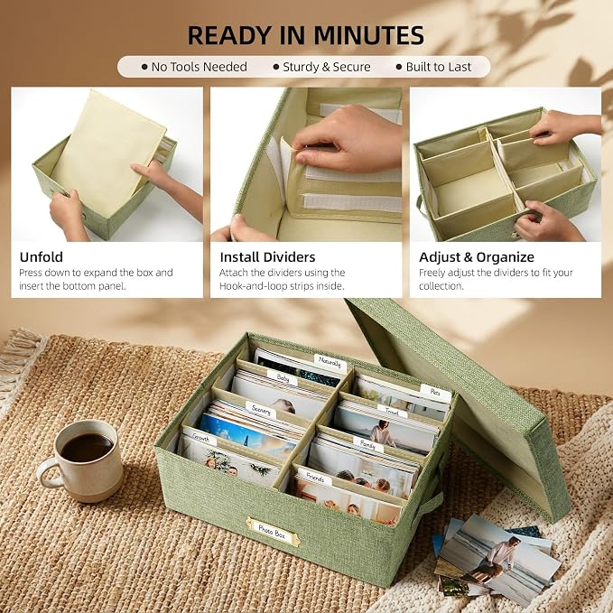 Linen Photo Storage Box with Adjustable Hook and Loop Dividers, Holds 1700 4"x6" Photos, Collapsible Picture Organizer with Handle and Label Stickers, Memory Keepsake Box for Women, Grass Green