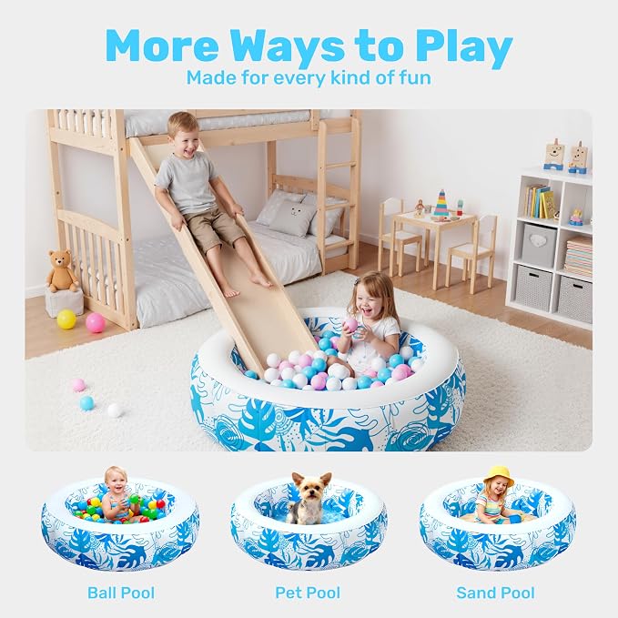 SLOOSH Inflatable Kiddie Pool for Kids, 36"x11" Swimming Pool with Soft Pad Floor for Kid & Toddler, Round Blow Up Baby Ball Play Pit Pools for Swim Party, Portable Indoor & Outdoor Water Toys (Blue)