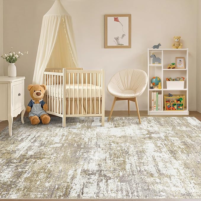 Tortania Area Rug Living Room Rugs - 6x9 Modern Abstract Neutral Large Soft Thin Rugs - Non Slip Indoor Carpet for Bedroom Dining Room Office Nursery Home Floor Decoration - Golden Brown