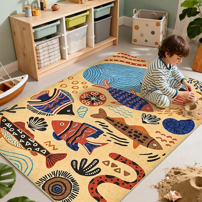 jinchan 5x7 Coastal Area Rug Washable Kids Rug Colorful Ocean Fish Mat, Tan | Soft, Cozy, Non-Slip, Kid-Friendly, Lightweight, Entryway, Kitchen, Dorm, Bedroom, Living Room, Playroom, Nursery, Daycare