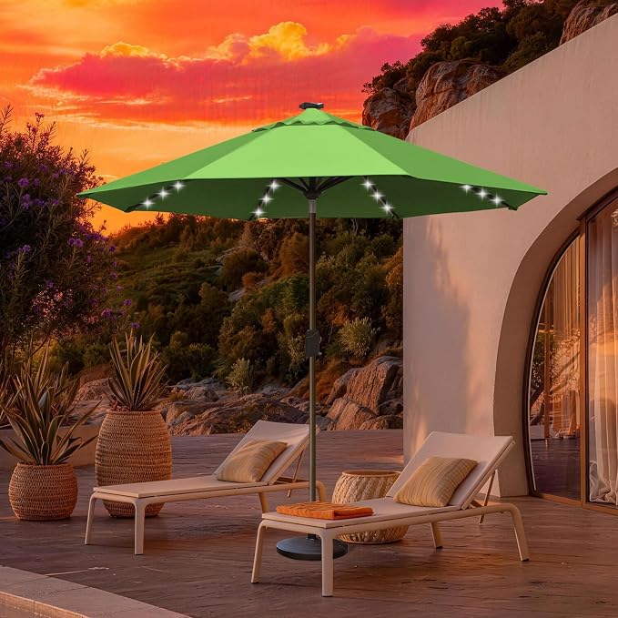 EliteShade USA 10-Year-Non-Fading 10ft Market Patio Umbrella, Commercial Grade Table Sun Umbrella with 80 Solar LED Lights, Crank Open, Windproof & UPF 50+ UV Protection for Garden, Deck, Pool, Backyard, Macaw Green
