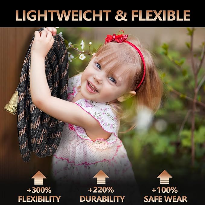 Garden Hose 25FT, Lightweight Flexible Water Hose, 5/8" Kink Free Leak Proof Hose, Heavy Duty 96-Layer Woven with 3/4" Brass Fittings, 10 Function Nozzle for Yard Lawn Outdoor Car Wash(BlackRosegold)