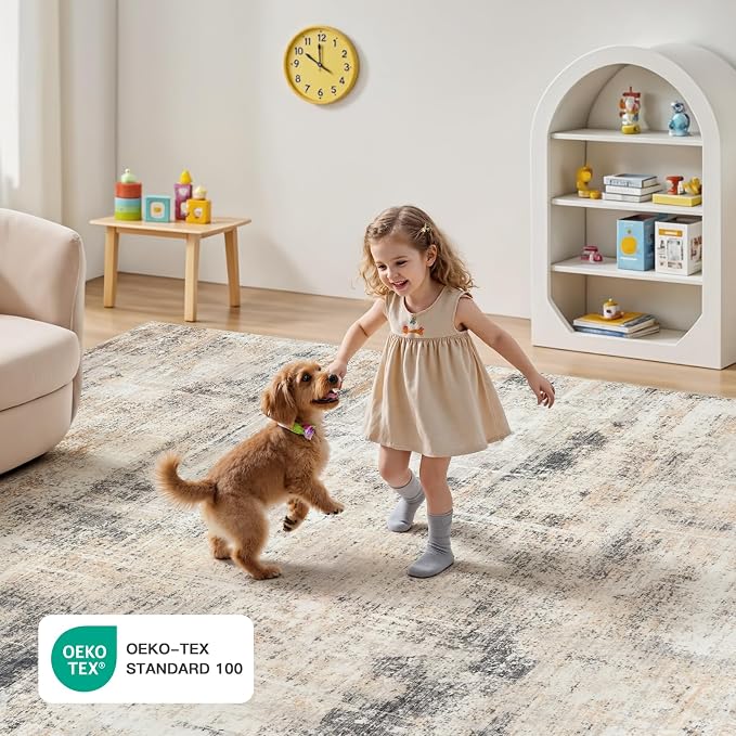 5x7 Area Rug for Living Room, Abstract Washable Non-Slip Carpet, Gold | Soft Neutral Rug for Bedroom, Dining Room, Home Office Nursery Indoor, Stain Resistant, Low Pile, Foldable Modern Rug