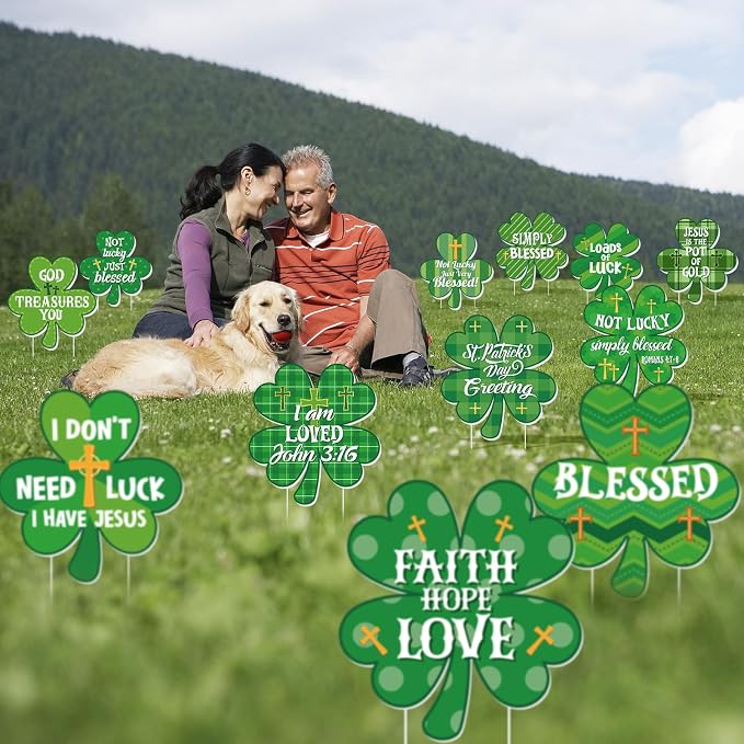 Menkxi 12 Pcs St. Patrick's Day Christian Yard Sign Decoration Outdoor with Stake Religious Saint Patty's Shamrock Green Jesus Cross Blessed Lawn Sign for Irish Faith Sunday School Church Garden Decor