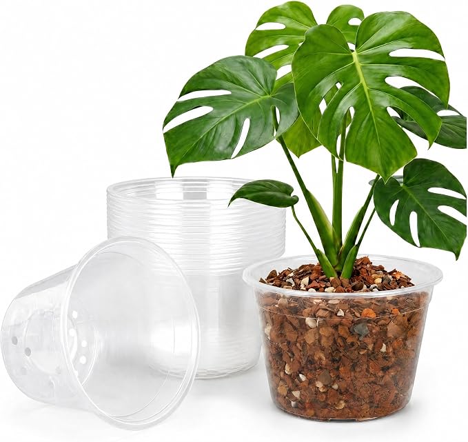 1 Gallon Clear Nursery Pots 15 Pack, 7 Inch Plastic Plant Pots with Drainage Holes, Transparent Planters for Root Monitoring, Seedlings, Succulents, Flower, Indoor Outdoor
