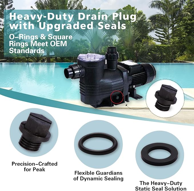 Lenporl 2-Pack Pool Pump Drain Plugs with 2 O-Rings & 2 Square Washers SPX1700FG, Compatible with Hayward Super Pump PowerFlo and MaxFlo Series Pool Pump Parts, Aftermarket Parts for Home Improvement