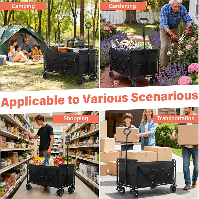 Collapsible Wagon Cart Foldable - Extra Large 500 lbs Capacity Portable Folding Beach Wagon with Wheels - 34'' Extra Long Heavy Duty Utility Cart for Groceries, Shopping, Camping, Sports - Black