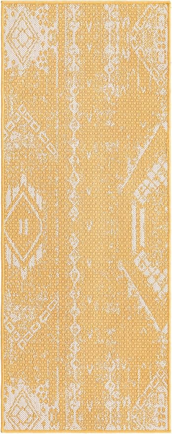 Unique Loom Outdoor Bohemian Collection Area Rug - Anthro (2' x 5' 1" Runner, Yellow/ Ivory)