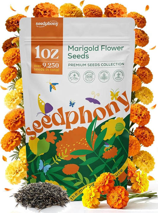 Seedphony Marigold Seeds Pack 1 oz - 9,250 Non-GMO Heirloom Marigold Seeds for Planting, Perennial Flowers in Waterproof Seed Packet, Wildflower Seeds for Planting Garden Indoor & Outdoor Gardening