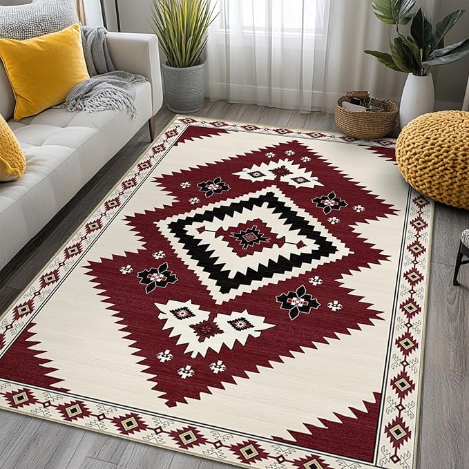 4x6 Western Rugs for Living Room Southwestern Aztec Tribal Area Rug | Washable Southwest Navaj Rugs Low Pile Non-Slip Indoor Floor Carpet for Dining Room Bedroom Kitchen Office, Beige Red