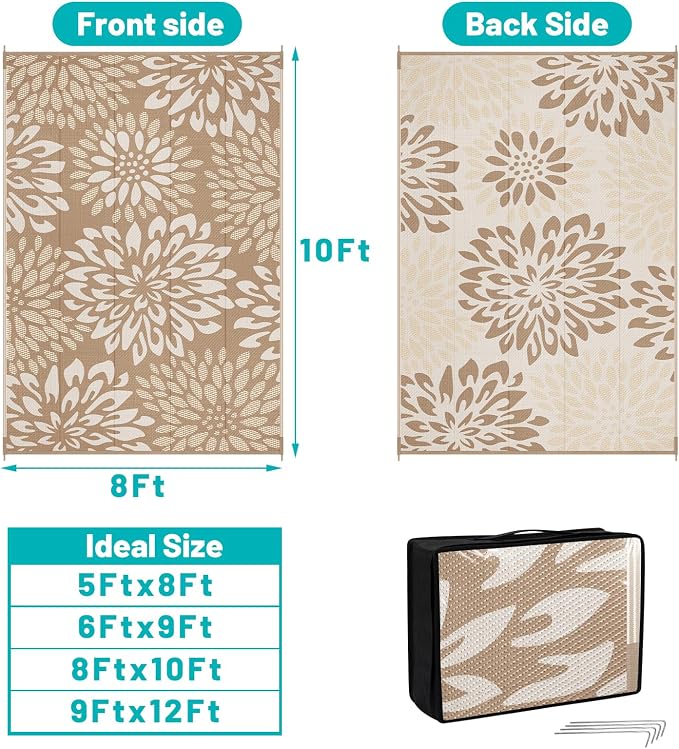 HEBE Waterproof Outdoor Rug 8x10 for Patios, Floral Reversible Plastic Straw Rug Patio Mat, Indoor Outdoor Carpet RV Mat Camping Rug for Deck, Camper, Porch, Balcony, Backyard, Picnic
