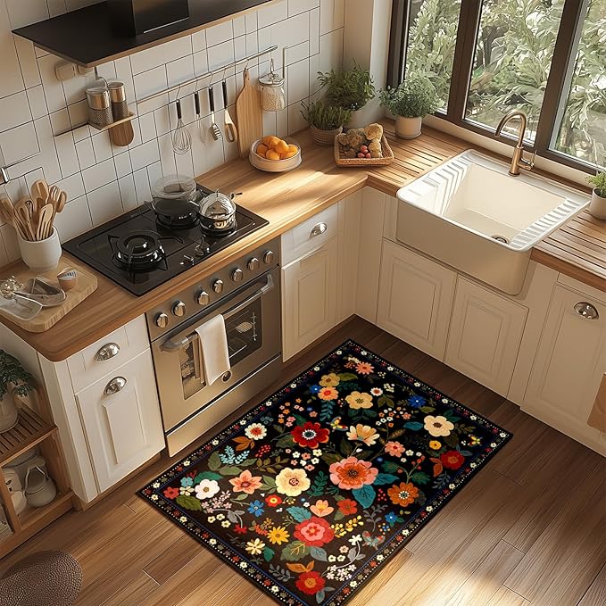 RELEANY Floral Washable 2x3 Area Rugs Doormat Black | Flower Carpet, Print, Boho, Non-Slip, Easy to Clean, Soft, Low Pile for Living Room Bedroom Kitchen Office Entryway Hallway