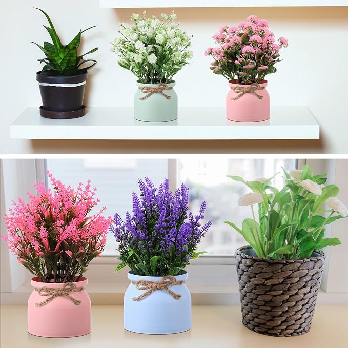 Cindeer 24 Pcs Large Artificial Potted Flowers Fake Potted Plants Plastic Faux Flowers for Home Decor Indoor Artificial Plants in Pots for Wedding Home Desk Tabletop Outdoor Office Kitchen (Colorful)