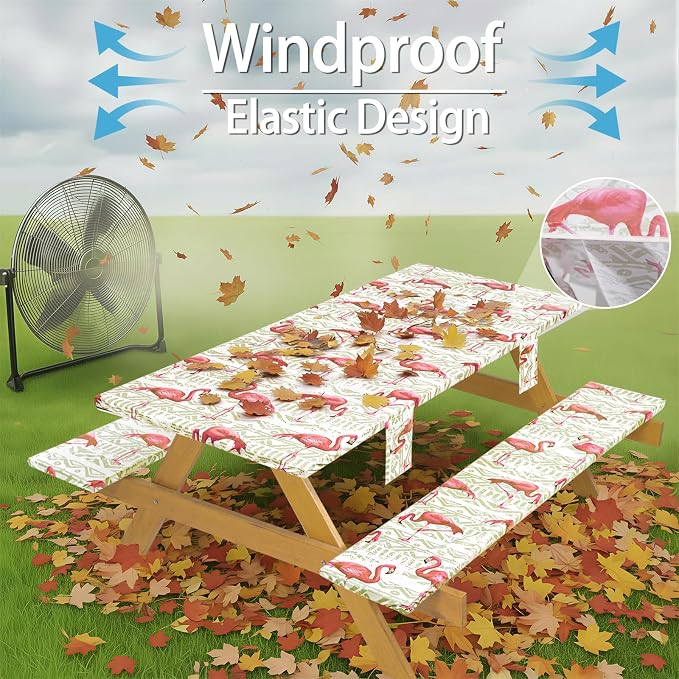 Fitted Waterproof Picnic Table Cover with Bench Covers Heavy Duty Elastic Outdoor Camping Tablecloth for 6 Foot Rectangle Tables Summer Rv Accessories Patio Garden Road Trip Essentials Gifts