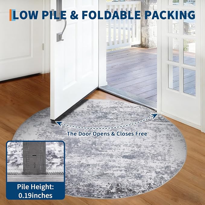 ROYHOME Modern Abstract 4x4 Round Area Rug Non Slip, Light Grey | Non Shedding Rug Low Pile Stain Resistant for Bedroom Living Room office Dining Room
