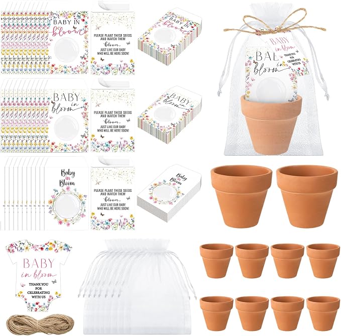 Reallnaive Baby Shower Party Favors Baby in Bloom Envelopes Seed Packets Include Mini Terracotta Pots Seed Packets Self Adhesive Envelopes Thank You Tags Gift for Party(24 Pcs, Wildflower Clothes)
