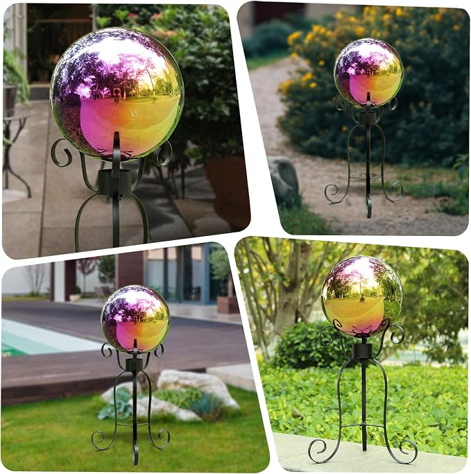 VCUTEKA Gazing Ball, 10" Stainless Steel Mirror Garden Globes Outdoor Decor | Reflective stainless steel gazing ball with rainbow mirror finish that creates striking focal point Lawn indoors or outdoors