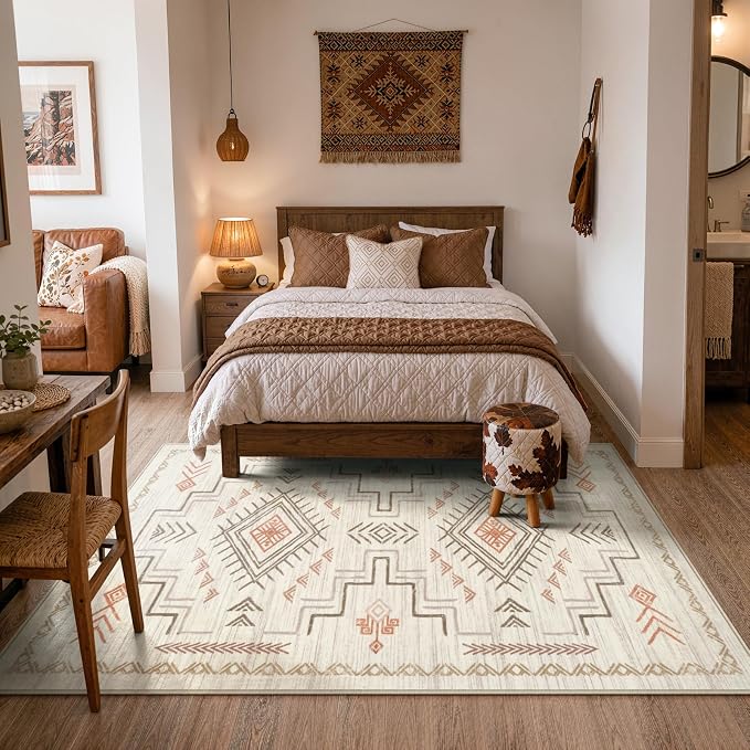 STARUIA Moroccan Washable Area Rug 5x7, Beige Western and Aztec Tribal Boys Neutral Rug for Living Room, Soft Non-Slip Stain Resistant Large Carpet for Bedroom Dining Room