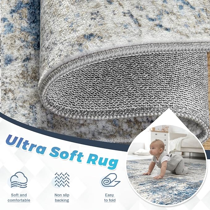 pmtsns Area Rugs 8x10 for Living Room: Washable Rug Modern Abstract Neutral Soft Non-Slip Low-Pile Indoor Large Carpet for Bedroom Dining Room Home Office Children's Room(GreyBlueBrown, 8'x10')