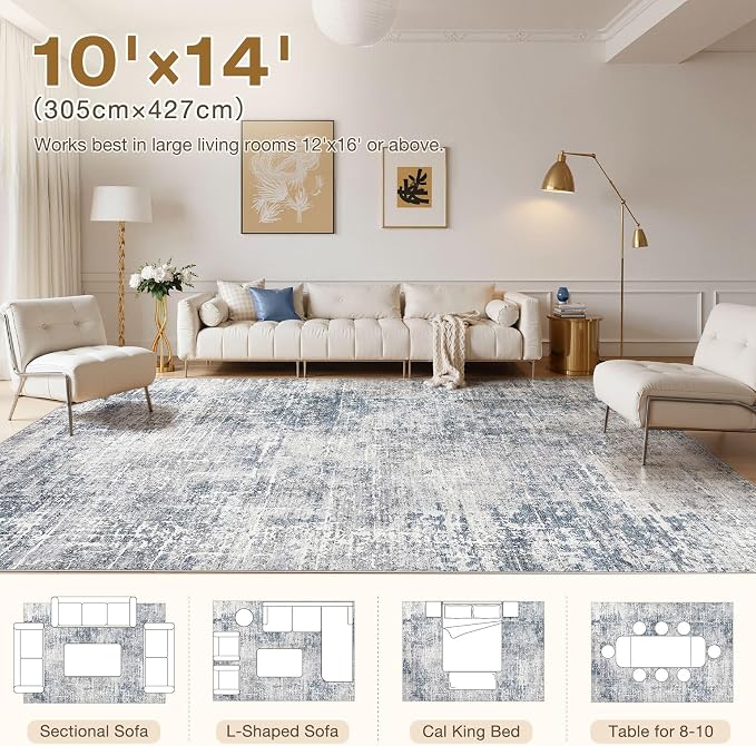 kakania Abstract 10x14 Area Rugs for Living Room: Washable Rugs Blue Grey | Soft, Non-Slip, Low-Pile, Pet & Kid Friendly - Large Modern Home Decor Carpet for Bedroom/Dining Room/Office/Nursery