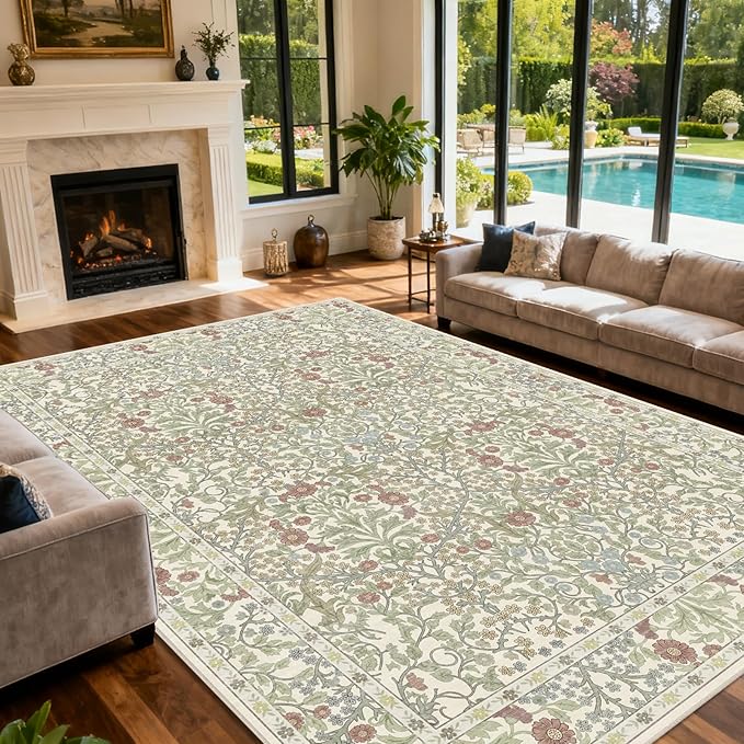 Extra Large 10x14 Area Rug for Living Room, Washable Rugs for Dining Room, Bedroom, Non Slip Stain Resistant Carpet, Low Pile Vintage Floral Rug (Light Green)