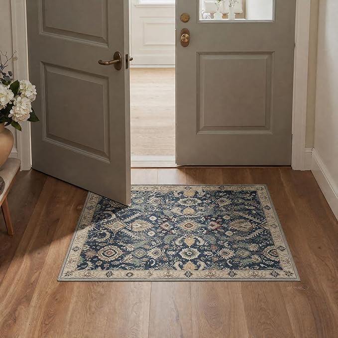 2x3 Doormat, Vintage Floral Washable Non Slip Area Rug for Entrance | Persian Floral Soft Low Pile Boho Small Rug for Entryway Bedside Kitchen, Stain Resistant Lightweight Easy Care, Muted Navy