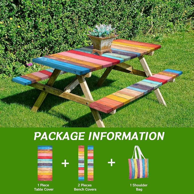 Wood Vintage Picnic Table Cover with Bench Covers and Carrying Bag, Retro Abstract Wood Texture Rectangle Table Cover Outdoor Patio Camping Essentials 72 inch 4PCS Camping Fitted Tablecloth